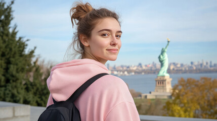 Canadian woman wearing hoodie traveling to New York's Statue of Liberty