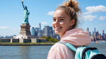 German woman wearing hoodie traveling to New York's Statue of Liberty