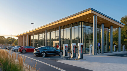 A public charging hub filled with electric vehicles, showcasing modern architecture and renewable energy symbols