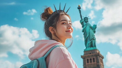Japanese woman wearing hoodie traveling to New York's Statue of Liberty