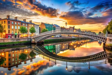 Fototapeta premium Dublin Ha'penny Bridge Landscape Photography: Iconic River Liffey Scene, Cityscape Views, Dublin Architecture, Irish Landmark