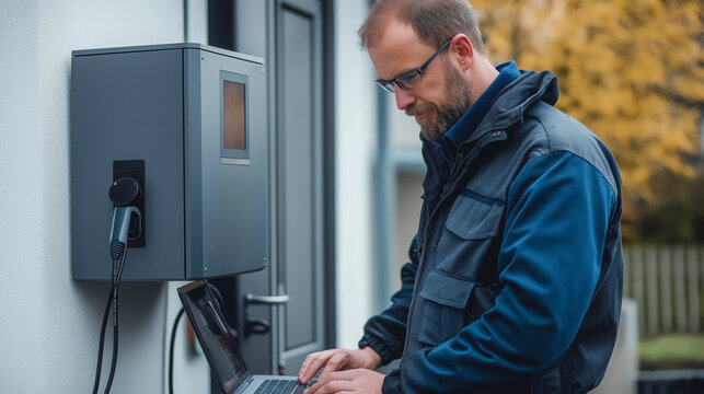 A qualified electrician carefully attaching wires to a home EV charger panel, ensuring proper installation near a contemporary house