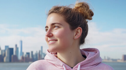 German woman wearing hoodie traveling to New York's Statue of Liberty