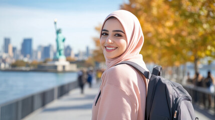 Arabian woman wearing hoodie travelling to Statue of Liberty New York