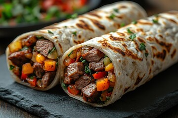 Two burritos filled with meat and vegetables