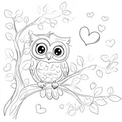 Fototapeta premium Adorable Owl in a Tree: Coloring page featuring a cute cartoon owl perched on a tree branch, surrounded by hearts and leaves. Perfect for kids' activities, Valentine's Day.
