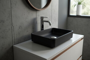 Close up of black ceramic rectangle vessel sink and chrome faucet on vanity near grey tiles wall with mirror. Minimalist interior design of modern bathroom
