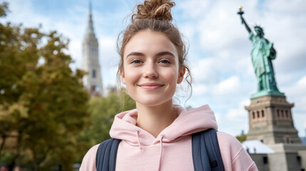 Australian woman wearing hoodie travelling to Statue of Liberty New York