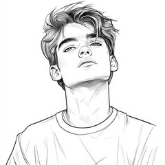Intriguing Gaze: A minimalist digital illustration of a young man with tousled hair, looking directly at the viewer with a mysterious and alluring expression.