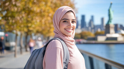 Arabian woman wearing hoodie travelling to Statue of Liberty New York