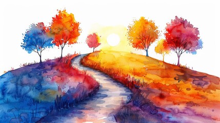 National Faith Day. A vibrant watercolor sunset over a mountain range, with a fiery river reflecting the blazing sky.