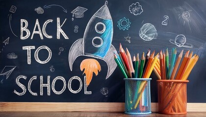 Back To School With Rocket sketch and Colorful Pencils In Blackboard