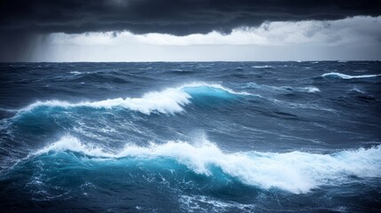 Obraz premium A dramatic seascape with turbulent waves under a dark, stormy sky.