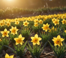 Obraz premium Bright yellow daffodils in a sunny field with a golden hour background, petals, field, spring