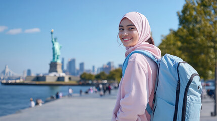 Malay woman wearing hoodie traveling to Statue of Liberty New York