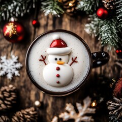 Christmas coffee with white foam and snowman on festive background. Flat lay. Winter drink. Top view. Wooden table