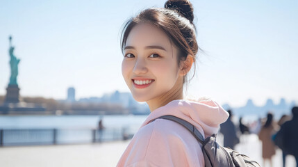 Korean woman wearing hoodie traveling to the Statue of Liberty New York