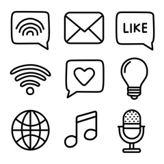 Set of media or communication and broadcast vector icon. media elements consist of music, letters, wifi, network, light bulb, world, microphone, and conversation