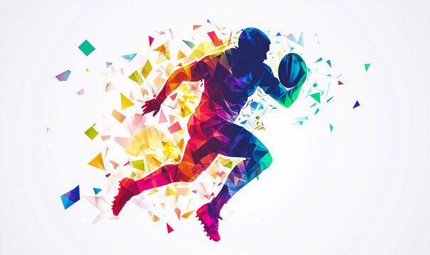 A sports poster banner featuring a rugby -american soccer. The abstract background with colorful patterns enhances the dynamic design.