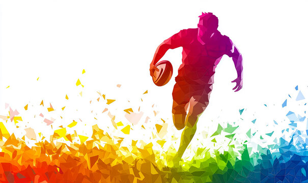 A sports poster banner featuring a rugby -american soccer. The abstract background with colorful patterns enhances the dynamic design. - Powered by Adobe