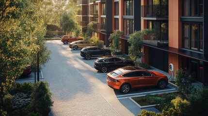 Obraz premium An overhead view of a modern residential complex with multiple EVs charging in designated eco-friendly parking spaces