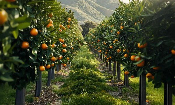 Ripe oranges hang abundantly from trees in a serene citrus grove, bathed in the golden light of the setting sun with mountains in the distance.	
