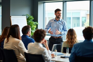 Obraz premium Confident Businessman Presenting to Engaged Team in Professional Office Setting, Ideal for Business Training and Team Building Materials