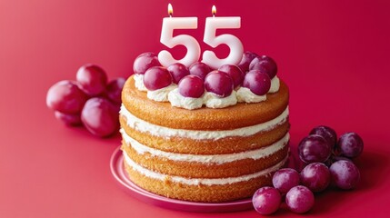 Layer cake with 55 candles and grapes on red.