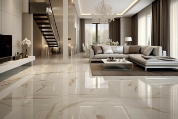 Interior design of minimalist living room and spacious luxurious floor with premium patterns, modern tiles, and an open hall with minimal furniture, showcasing an elegant and contemporary aesthetic