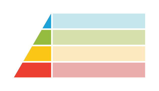 Levels of triangular pyramid. Half triangle pyramid chart. Maslow layer diagram. Development level infographic. Business graph. Vector illustration isolated on white background.