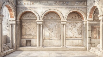 Obraz premium A serene architectural space featuring historical maps on the walls.