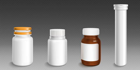 Medical containers mockup set. 3d vector plastic supplement jars with different caps and tall tube vessel. White and amber pharmaceutical packaging with lid and blank label. Medicine bottle template.