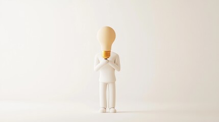 Minimalist 3D illustration of a person with a lightbulb head, conveying a concept of idea, inspiration, or innovation.