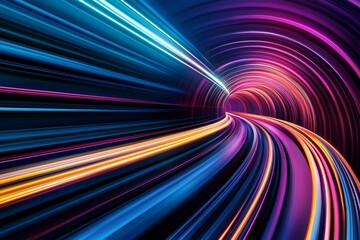 A vibrant tunnel of light with dynamic, colorful streaks conveying motion and depth, creating a sense of speed and energy.