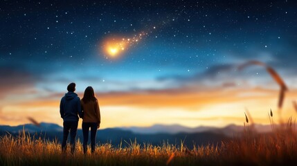 Fototapeta premium A romantic couple silhouetted against the backdrop of a breathtaking mountain landscape at twilight with a starry night sky and a glowing sunset creating a magical ethereal atmosphere