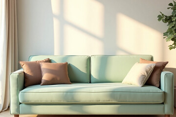 Scandinavian-inspired living room, a light green sofa, flanked by plush brown and beige pillows.