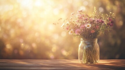 Bouquet of wildflowers in a jar outdoor garden photography soft focus tranquil nature's beauty
