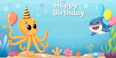 Illustrated baby shark party invitation card with underwater animals, octopus, balloons, colorful kids party poster template, ocean animals, invitation template