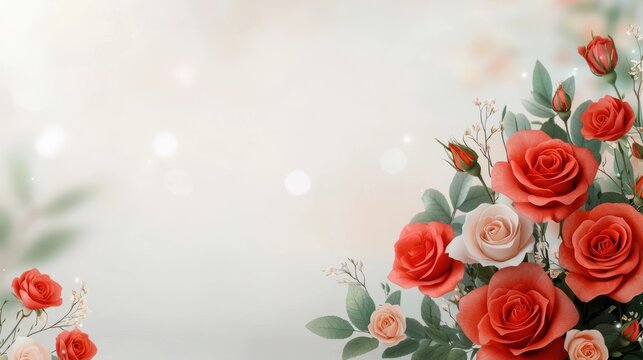 Stunning arrangement of vibrant red roses with delicate pastel blooms lush leaves and soft petals creating a romantic elegant and serene floral backdrop for home decor