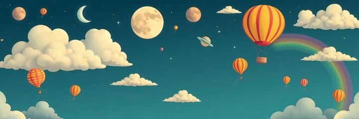 Fototapeta premium Illustration of kids on vintage hot air balloon rocket traveling through a world of imagination with rainbow moon planets, balloons floating above clouds, balloons, hot air balloon