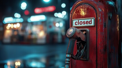 Fototapeta premium Closed vintage gas pump urban setting night photography reflective environment close-up view nostalgia concept