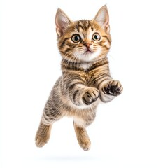 Obraz premium A playful kitten leaps joyfully, showcasing its energetic and adorable nature against a clean, white background.
