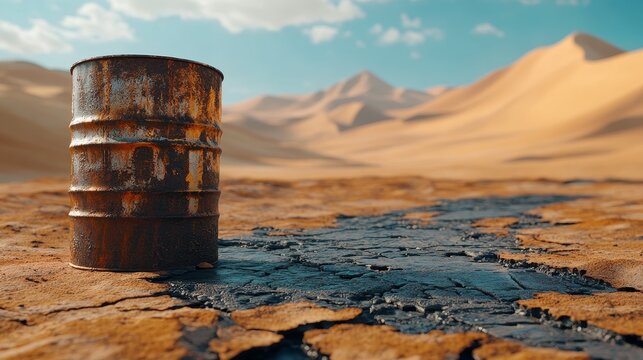 Oil spill disaster in desert landscape environmental impact dramatic scene outdoor setting wide view climate change awareness