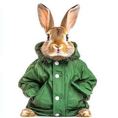 A rabbit wearing a green jacket stands confidently with its paws in its pockets, exuding a playful and whimsical vibe.