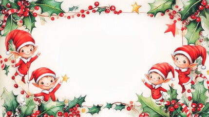 Festive frame with cute elves and holly berries, space for text.