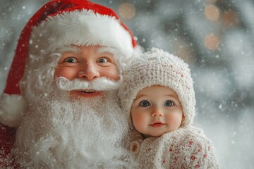 Lively noel, Ñute baby boy amazed with santa claus. Christmas digital ads concept pattern visual shot for media and online banner use. Winter wonderland ads. Santa claus red toddler.