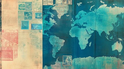 Fototapeta premium A stylized world map with vintage overlays and a textured background.