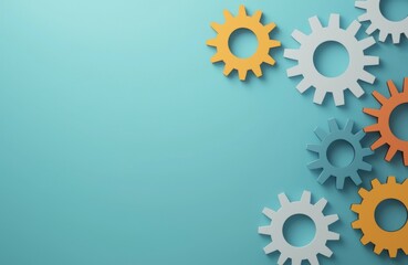 Colorful gears arranged on a teal background.
