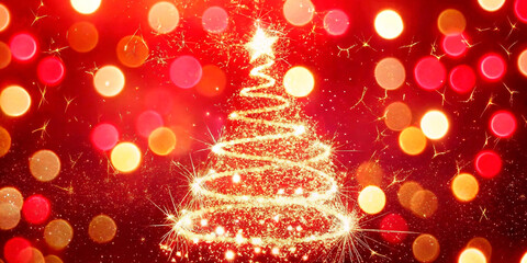 Red Christmas Tree with Lights and Snowflakes for Holiday Celebration