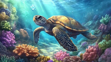 Obraz premium Turtle swims in coral reef underwater.